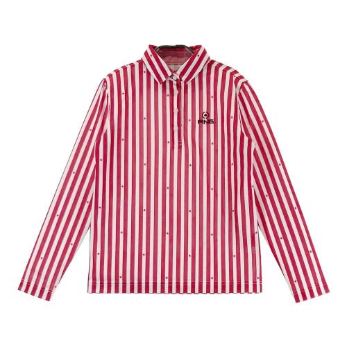 【新品未使用品】ラコステポロシャツ✳︎40/Mサイズ✳︎ゴルフ✳︎ピンク✳︎ストライプ PING ピン 長袖ポロシャツ ストライプ柄 レッド系 サイズ：S