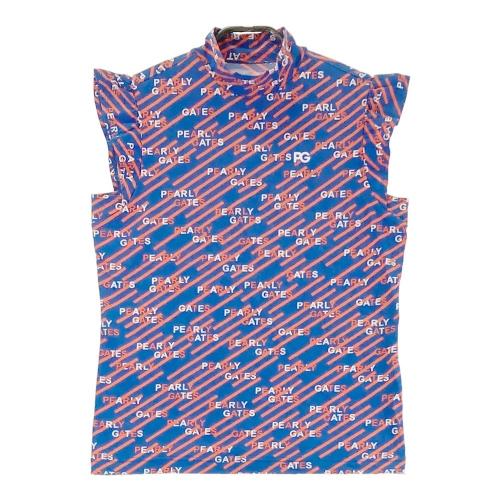 サイズ：1 PEARLY GATES パーリーゲイツ  袖フリル モックネック半袖Tシャツ ロゴ柄 ネイビー系 [240101473205] ゴルフウェア レディース ストスト PEARLY GATES パーリーゲイツ 袖フリル モックネック半袖Tシャツ