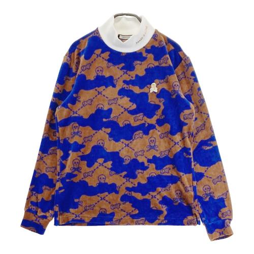 サイズ：44 MARK&LONA マークアンドロナ  ハイネック 長袖Tシャツ ベロア ロゴ総柄 ブルー系 [240101417640] ゴルフウェア メンズ ストスト MARK&LONA マークアンドロナ ハイネック 長袖Tシャツ ベロア
