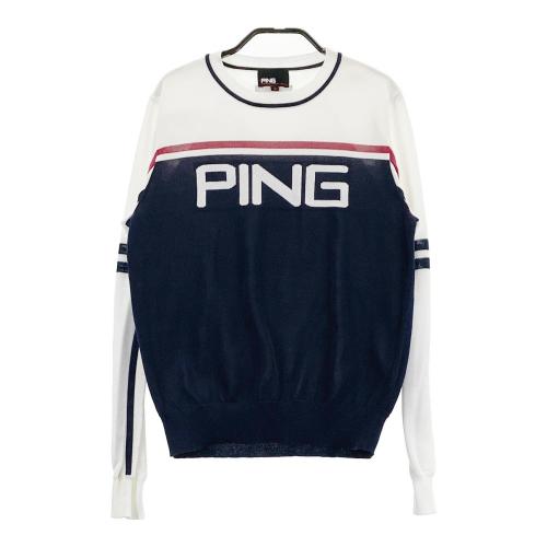 サイズ：L PING ピン ;2023年 ニットセーター ロゴ総柄 ネイビー系 [240101438852] ゴルフウェア レディース ストスト PING ピン ;2023年 ニットセーター ロゴ総柄 ネイビー系 L