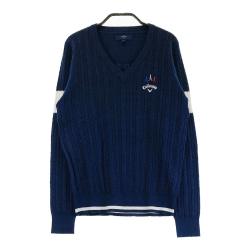 キャロウェイ セーター 白×ネイビー 一部ケーブル編み ニット V