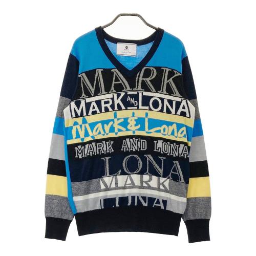 サイズ：M MARK&LONA マークアンドロナ  Vネック ニットセーター ロゴ×総柄 ネイビー系 [240101440305] ゴルフウェア メンズ ストスト MARK&LONA マークアンドロナ Vネック ニットセーター ロゴ×総柄
