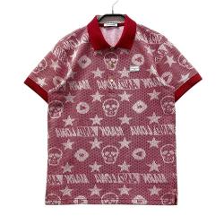 美品　マークアンドロナ　MARK＆LONA　ゴルフ　総柄　シャツ風　シャツ　L MARK&LONA マークアンドロナ 半袖ポロシャツ ベージュ×パープル