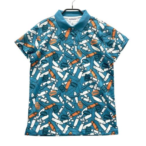 【希少】新品　ジャックバニー 総柄 スケボー　ブルー　ポロシャツ JACK BUNNY ジャックバニー 半袖ポロシャツ 総柄 ブルー系 サイズ：1