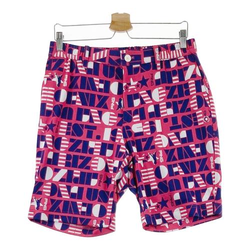 新品 ピン ゴルフ 上下セット 総柄ロゴ ポロシャツ ハーフパンツ レッド LL PING ピン 半袖ポロシャツ ロゴ総柄 レッド系 サイズ：M ランク：A