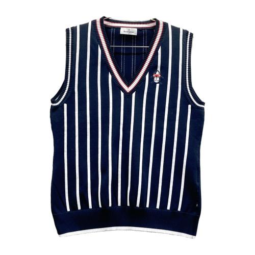 美品Munsingwear ストライプ ノースリーブベストメンズゴルフウェア MUNSING WEAR マンシングウェア ニットベスト ストライプ柄 ネイビー系
